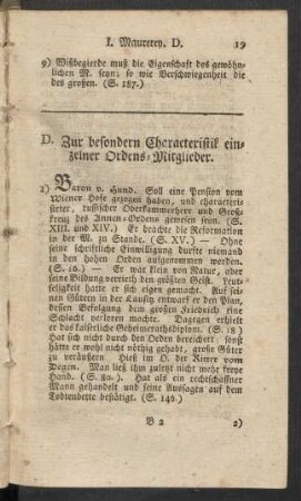 D. Zur besondern Characteristik einzelner Ordens-Mitglieder.