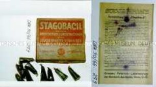 Schachtel mit "Stagobacil" (Zäpfchen), gegen ansteckenden Scheidenkatarrh und seuchenhaftes Verkalben, mit Beipackzettel