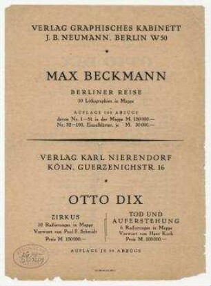 Otto-Dix-Ausstellung. Berlin. Ausstellungsführer zur Otto-Dix-Ausstellung im Graphischen Kabinett I. B. Neumann, Berlin, Mitte März bis 15. April 1923