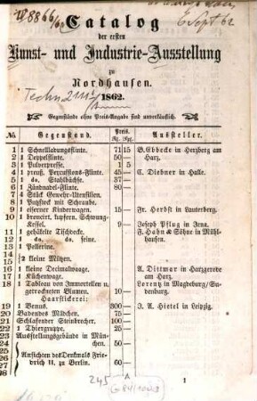 Catalog der ... Kunst- und Industrie-Ausstellung zu Nordhausen. 1. 1862