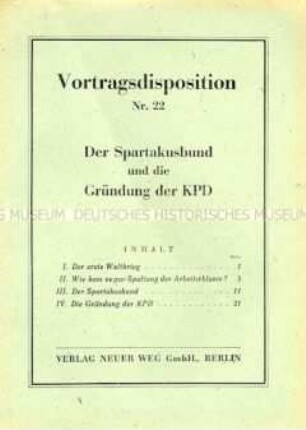 Schulungsmaterial der KPD: Vortragsdisposition Nr. 22