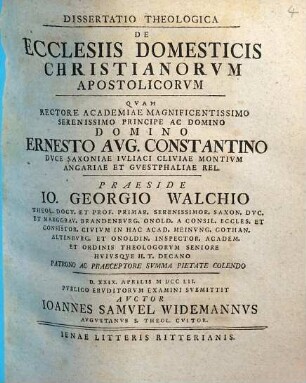 Dissertatio Theologica De Ecclesiis Domesticis Christianorum Apostolicorum