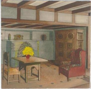 Rosenbauer, Gregor; Möbel und Interieurs - Wohnzimmer mit rotem Sessel und Schrank (Perspektive)
