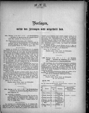 Anlage: ad No. 77 (677-684), Vorlagen, welche den Zeitungen nicht mitgeteilt sind