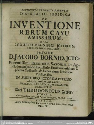 Disputatio Iuridica De Ineventione Rerum Casu Amissarum
