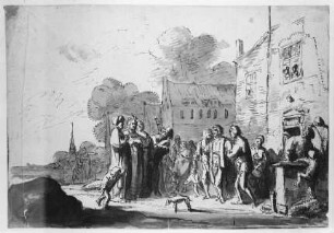 Heimführung der Braut vor ländlichem Gehöft
