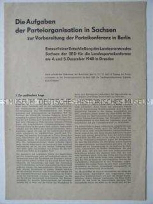 Entschließungsentwurf des SED-Landesvorstandes Sachsen für die Landesparteikonferenz 1948