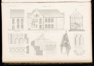 Frei- und Knabenbürgerschule (Schule am Waisenhof), Kiel: Rückansicht, Seitenansicht, Querschnitt, Details (aus: Atlas zur Zeitschrift für Bauwesen, hrsg. v. G. Erbkam, Jg. 15, 1865)