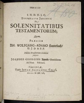 Disputatio Iuridica De Solennitatibus Testamentorum