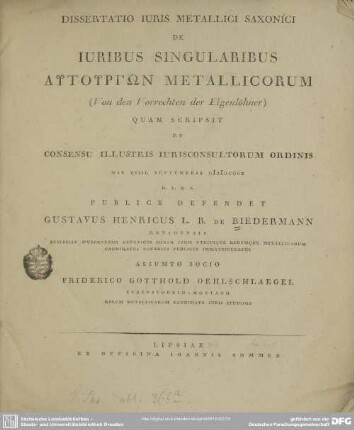 Dissertatio juris metallici Saxonici de juribus singularibus auturgōn metallicorum