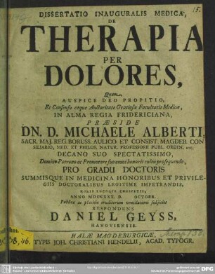 Dissertatio Inauguralis Medica, De Therapia Per Dolores