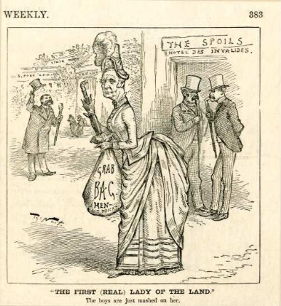 "The First (real) Lady of the Land. The boys are just mashed on her." : Vizepräsident Thomas Hendricks wird als eine Dame dargestellt, die von den Männern bewundert wird