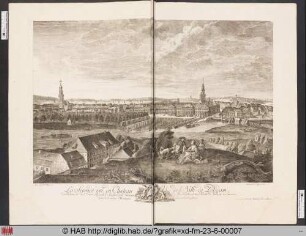 La Seconde Vue de Château de la Ville de Potsdam, du Jardin et de l' Ecurie Royale, de l' Eglise de la Garnison, de St. Nicolas et de l' Hôtel de Ville, et les Environs, prise de la même Montagne.