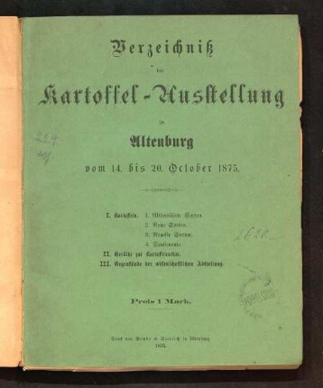 Verzeichniß der Kartoffel-Ausstellung zu Altenburg : vom 14. bis 20. October 1875