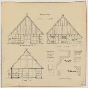 Marienfeld bei Harsewinkel (Kreis Warendorf): Hof Meier Osthoff. Haupthaus (Grundriss, Nordwestansicht, Längsschnitt)