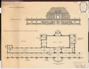 Erziehungsheim Schinkelwettbewerb 1909: Turnhalle mit Doppelkegelbahn. Vorderansicht, Grundriss 1:150