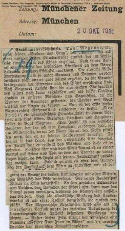 Kritik aus Münchener Zeitung (20.10.1916).