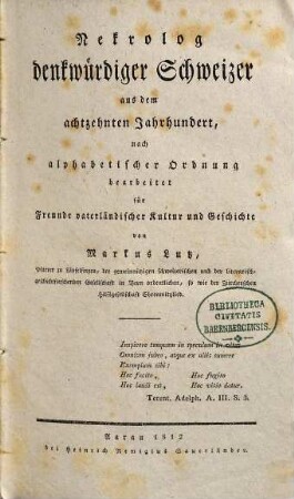 Nekrolog denkwürdiger Schweizer aus dem achtzehnten Jahrhundert