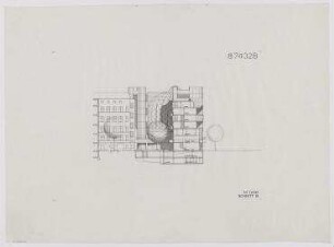 Wettbewerb Wohn- und Geschäftshaus, BMW-Haus, 1. und 2. Stufe (nicht realisiert) – Schnitt. Berlin-Charlottenburg, Kurfürstendamm 31, Uhlandstraße 177/178