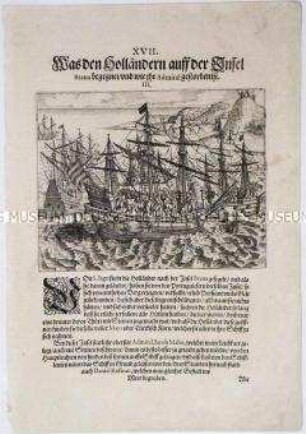 Was den Holländern auf der Insel Brava begegnete und wie ihr Admiral starb - Tafel 66 aus de Bry, Amerika II