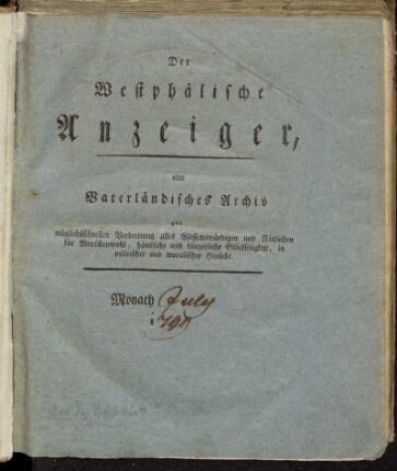 Der Westphälische Anzeiger, oder Vaterländisches Archiv[...]. Monath July 1799