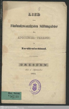Lied zur fünfundzwanzigsten Stiftungsfeier des Apotheker-Vereins in Norddeutschland