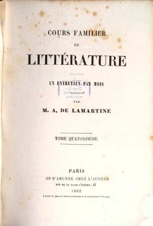 Cours familier de littérature : un entretien par mois, Tome quatorzième
