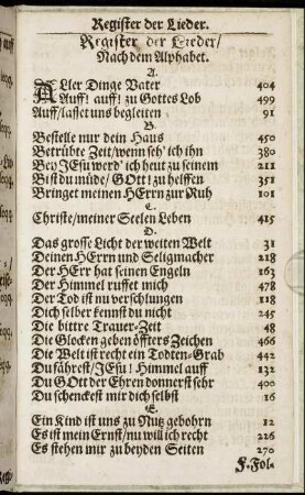 Register der Lieder, Nach dem Alphabet.