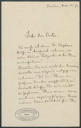 23. Dezember 1891, Dresden [Brief von Alphons Stübel an Max Uhle]