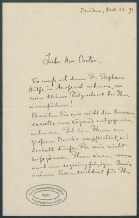 23. Dezember 1891, Dresden [Brief von Alphons Stübel an Max Uhle]