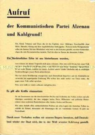 Aufruf und Programm der KPD Alzenau und Kahlgrund zur Einheit aller antifaschistischen Kräfte beim Wiederaufbau und der Schaffung eines demokratischen Deutschlands