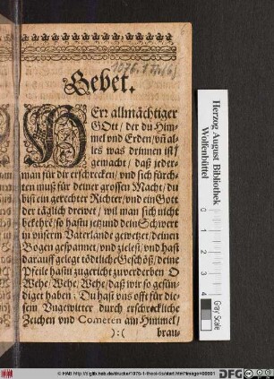 Gebet : Herr allmächtiger Gott/ der du Himmel und Erden/ un[d] alles was drinnen ist/ gemacht ...