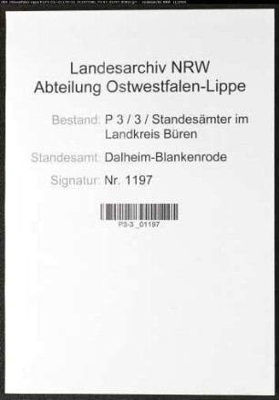 Sterberegister Standesamt Dalheim-Blankenrode