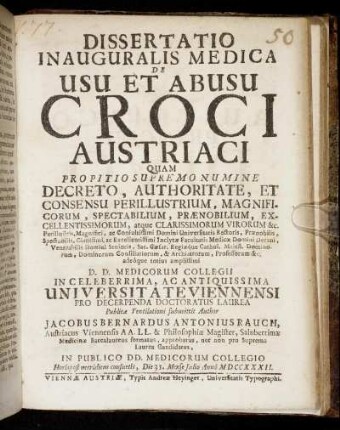 Dissertatio Inauguralis Medica De Usu Et Abusu Croci Austriaci