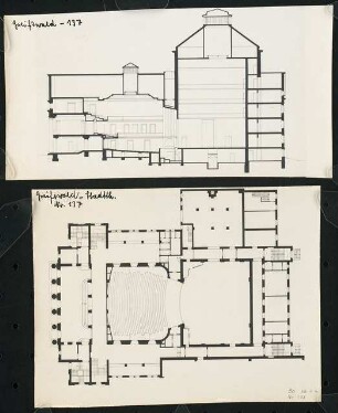 Stadttheater, Greifswald: Grundriss und Längsschnitt