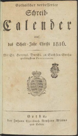 1816: Gothaischer verbesserter Schreib-Kalender auf das ...