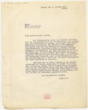 Brief an Karl Leimer : 09.10.1930
