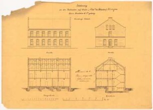 Grube Ilse (Kunheim & Co.), Großräschen/Bückgen Verwaltungsgebäude: Ansicht von der Traufseite, Ansicht von der Giebelseite, Längsschnitt, Querschnitt