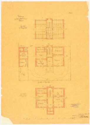 Pfarrhaus, Dobrau: Grundriss Keller, Erdgeschoss, Dachgeschoss, Maßstabsleiste [Fuß rhl.]