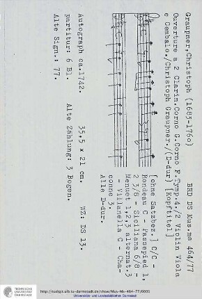 Ouverture a 2 Clarin. Corno G. Corno F. Tymp. 4. / 2 Violin Viola e Cembalo. / Christoph Graupner.