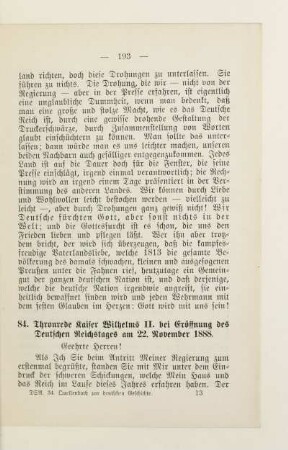 84. Thronrede Kaiser Wilhelms II. bei Eröffnung des Deutschen Reichstages am 22. November 1888