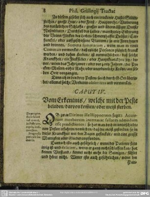 Caput IV. Vom Erkentnis, welche mit der Peste beladen, darvon kom[m]en, oder meist sterben