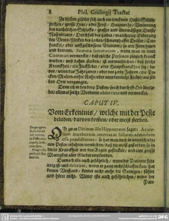Caput IV. Vom Erkentnis, welche mit der Peste beladen, darvon kom[m]en, oder meist sterben