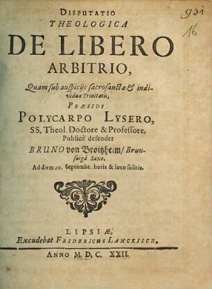 Disputatio Theologica De Libero Arbitrio