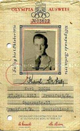 Teilnehmerausweis des Hockeyspielers Karl Dröse von den Olympischen Spielen 1936 in Berlin