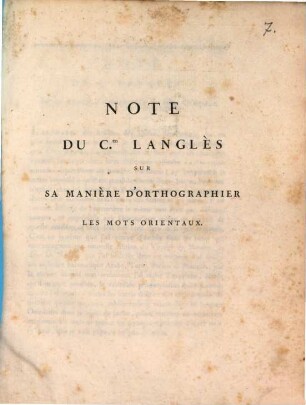 Note du c[itoy]en Langlès sur sa manière d'orthographier les mots orientaux