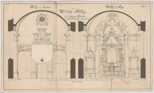 Müller, Josef Anton; Floßing; Pfarrkirche - 2. Variante - Chor, Empor u. Tabernakel (Ansicht m. Schnitt)