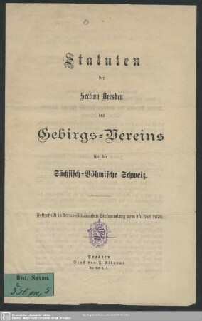 Statuten der Section Dresden des Gebirgs-Vereins für die sächsisch- böhmische Schweiz