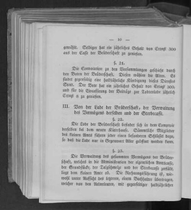 III. Von der Lade der Brüderschaft, der Verwaltung des Vermögens derselben und der Sterbecasse.
