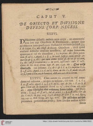 Caput V. De objecto et divisione defens. corp. necess.